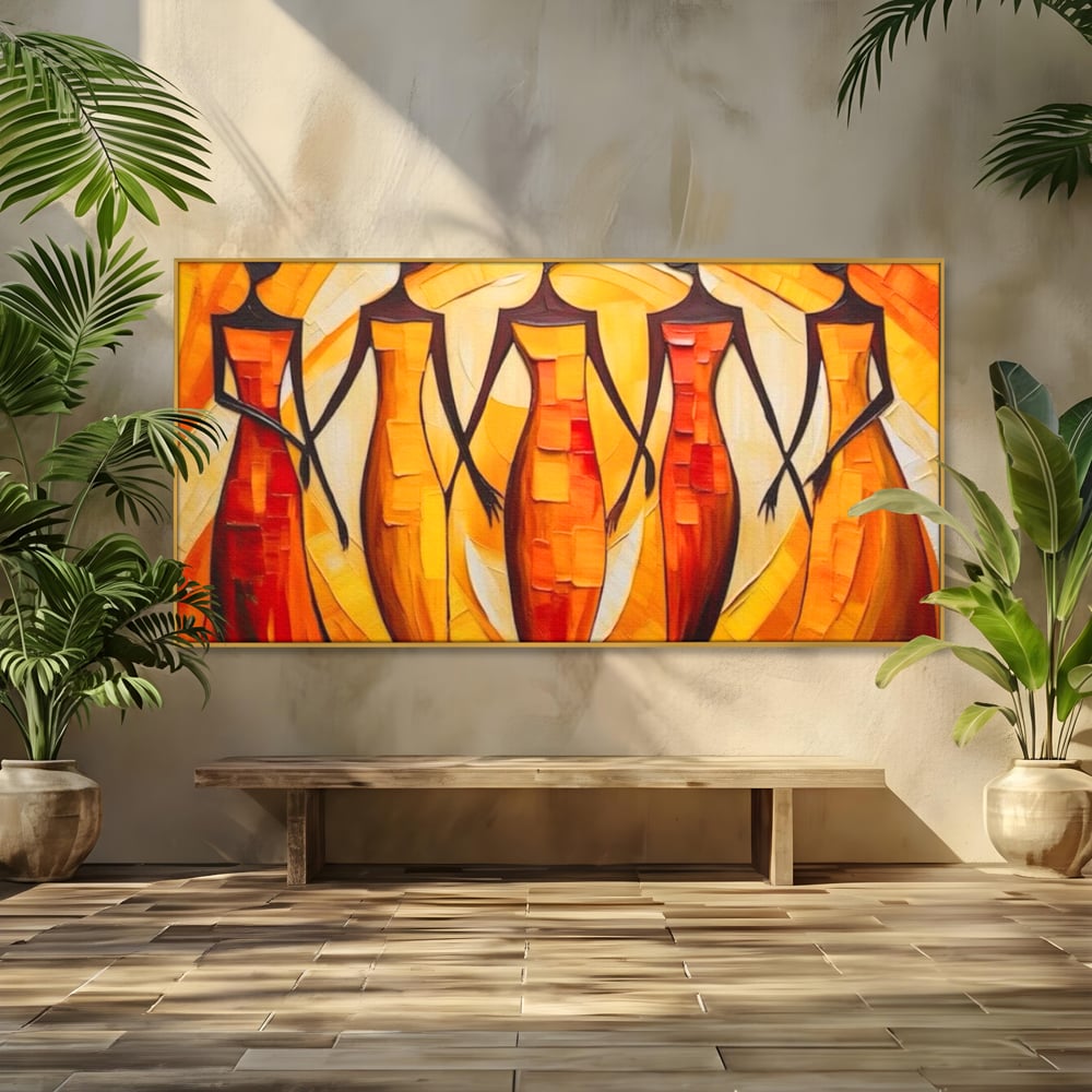 Tablou canvas cu pictura abstracta cu cinci femei stilizate, in rama de aluminiu auriu